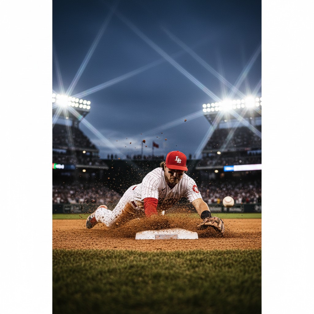 A baseball player dives for the base on a baseball field, wearing a white uniform with red accents and a red baseball cap.
