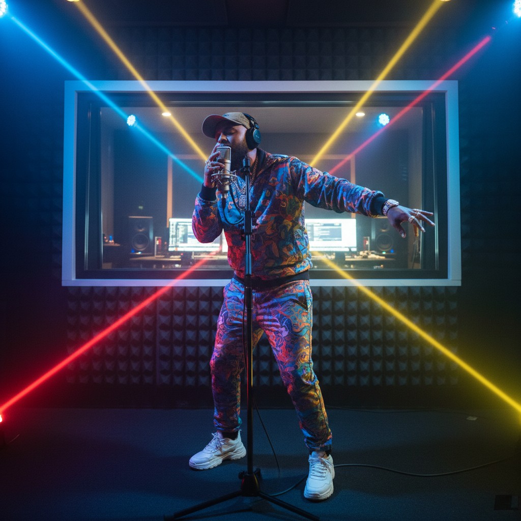 Man standing on stage with a microphone, singing with his right arm extended and attired in a vibrant paisley print suit, ...