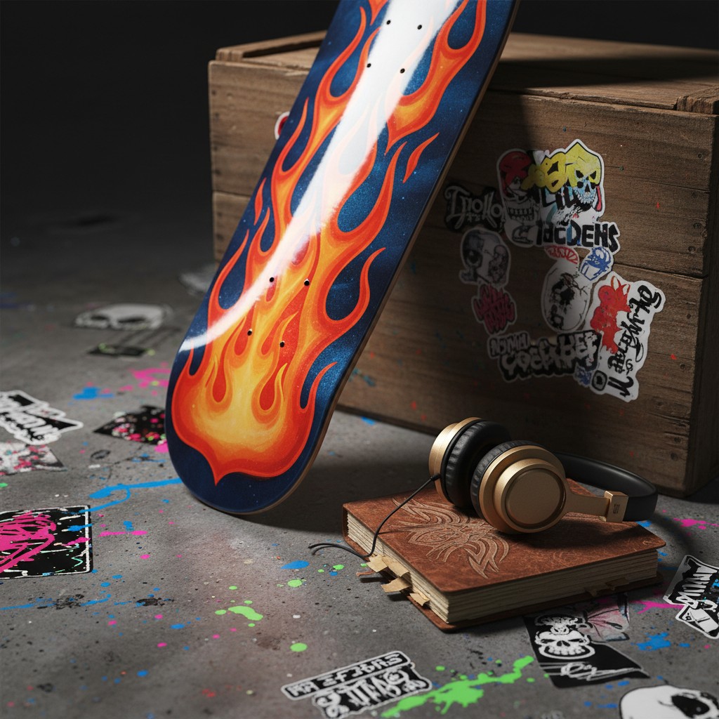 A skateboard deck with a flame design leaning against a wooden box, surrounded by stickers and a book with headphones.
