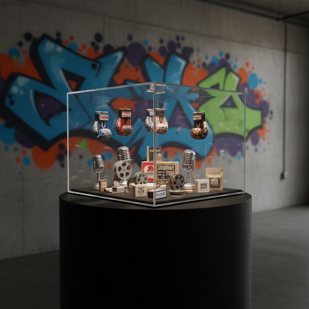 A display case with boxing gloves, microphones, and film reels in front of a graffiti wall.