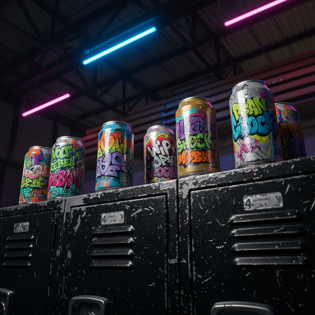 {spray painted paint cans on black lockers in a warehouse}.